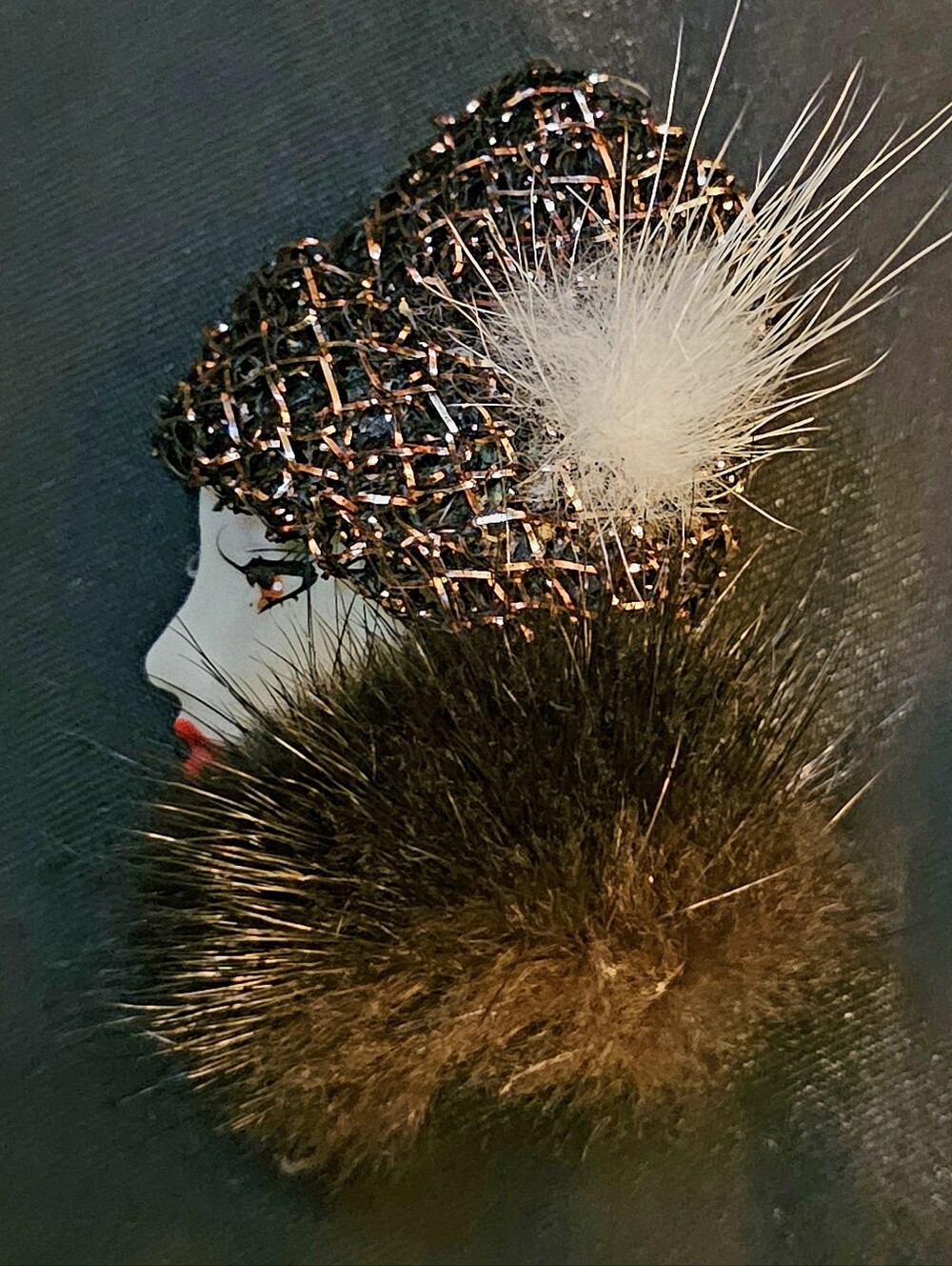 Vintage 1980s Art Deco Revival Ceramic Lady Profile Brooch Pin Faux Fur Hat